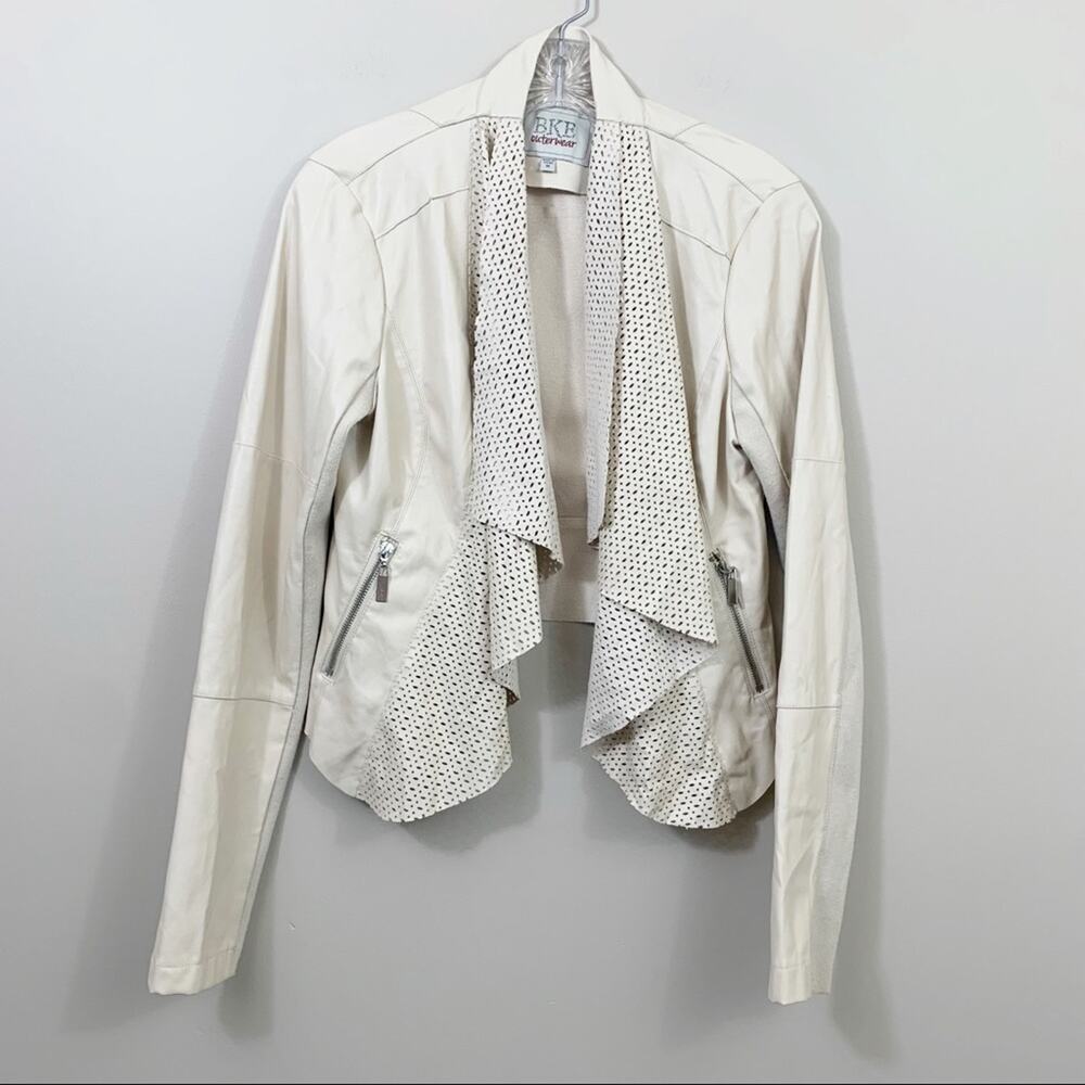 BKE Faux Leather Laser Cut Cream Cropped Open Draped Jacket